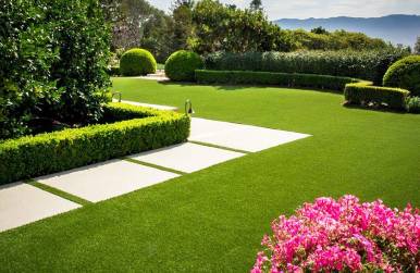 Exterior lawn with artificial grass and other landscaping
